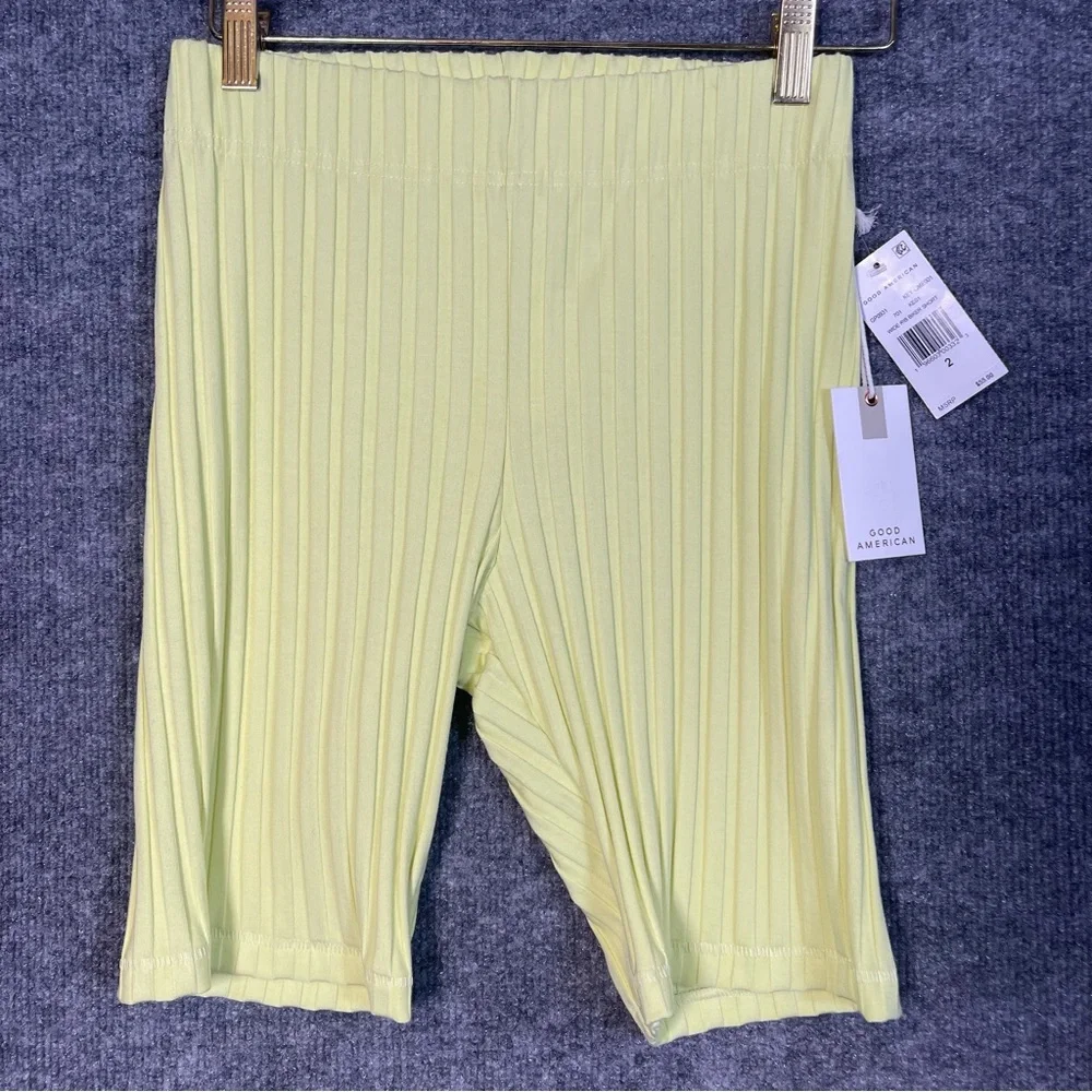 NWT Good American 2 Women’s XS Key Lime Pull On Wide Ribbed Biker Bermuda Shorts
